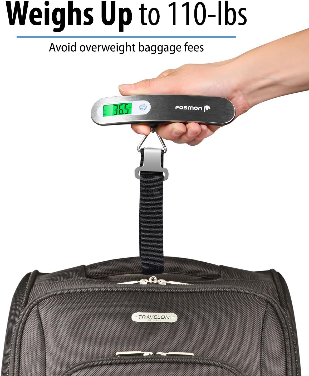 Fosmon Digital Luggage Scale, Digitial LCD Display Backlight Baggage Scale with 110lbs Capacity, Portable Stainless Steel Hanging Luggage Weight Scale with Tare Function for Travelers - Silver