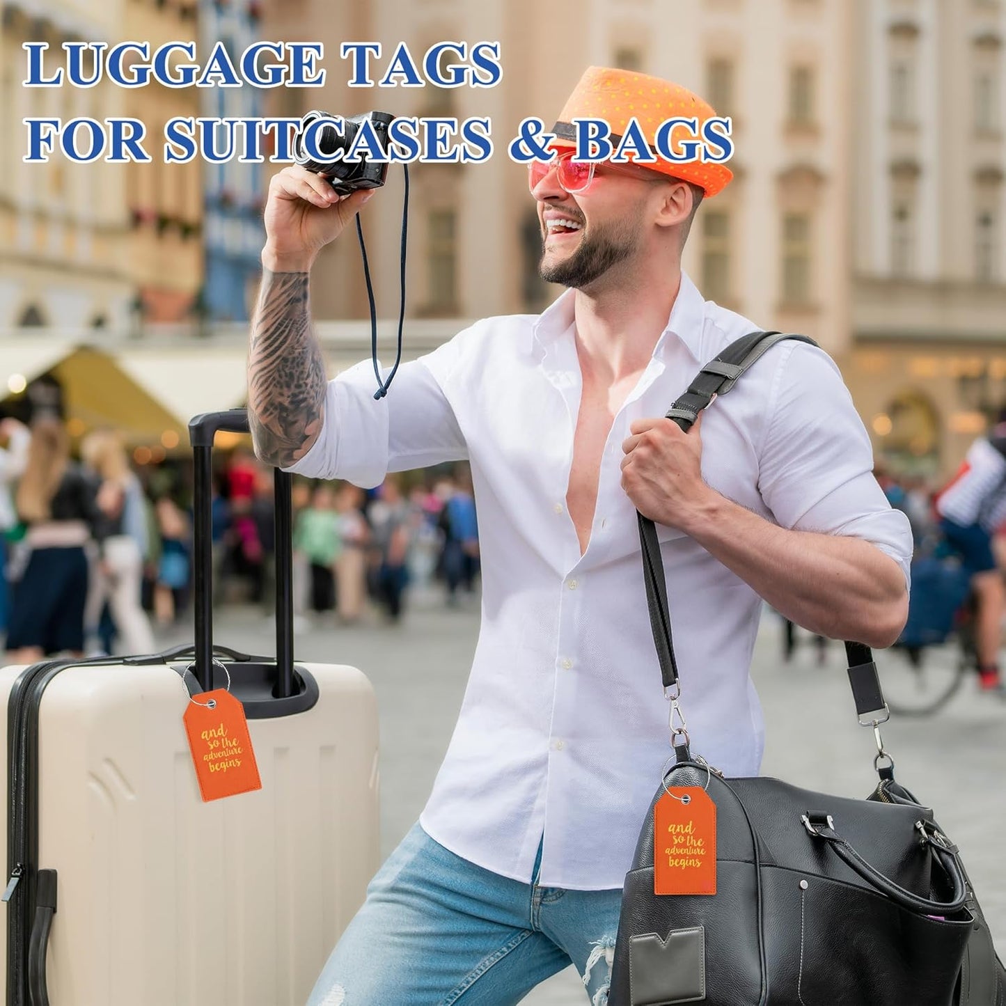 Luggage Tag & Initial Baggage Tags for Suitcases Leather Bag Tags for Backpacks Handbag School Instrument with Name ID Label Travel Essentials, Unique Fun Orange Personalized Luggage Tags 2 Pack