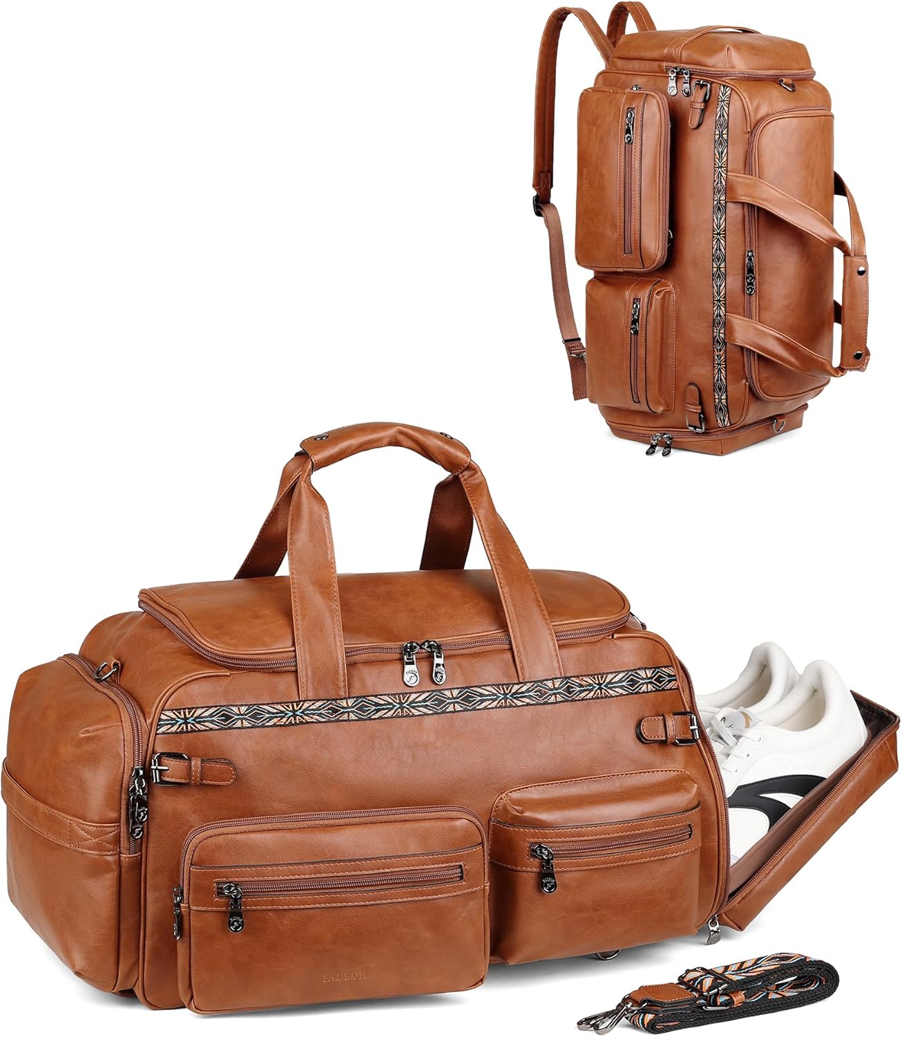 FADEON Duffle Bag for Women, Large Convertible Carry on Overnight Backpack, Designer Leather Mens