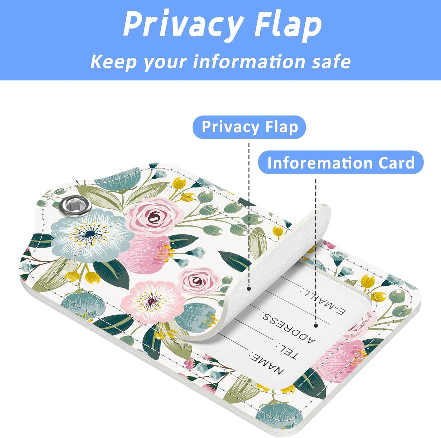 Spring Flowers Luggage Tags 2PCS PU Leather Suitcases Tag with Stainless Steel Loop and Privacy Name Address Cover Label Card for Women Men Travel