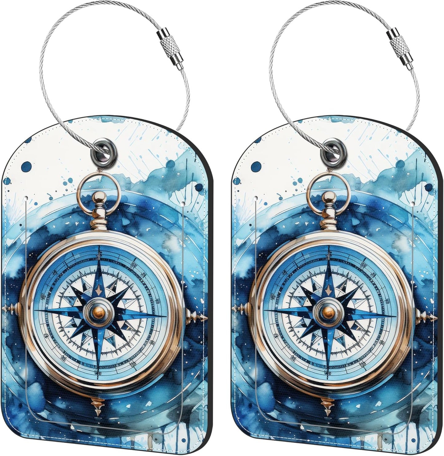 2 Pack Cute Luggage Tag for Suitcases Classic Compass Leather Luggage Tags with Stainless Steel Loop Privacy Flap Name Tags,Men and Women Travel Bag Suitcase Tags