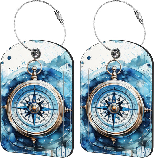 2 Pack Cute Luggage Tag for Suitcases Classic Compass Leather Luggage Tags with Stainless Steel Loop Privacy Flap Name Tags,Men and Women Travel Bag Suitcase Tags