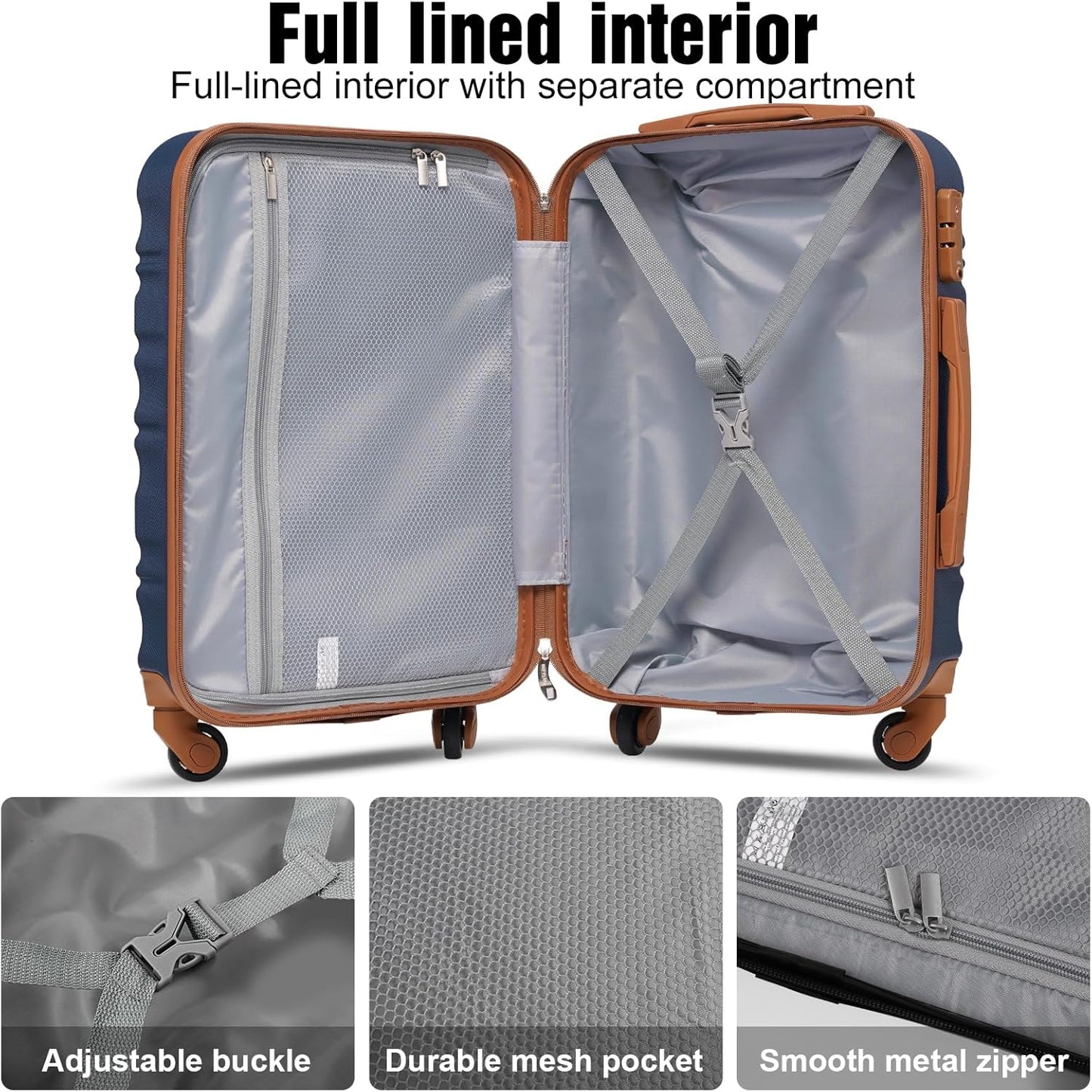 LONG VACATION Carry On Luggage Sets 3 Piece 20 Inch Suitcase Set, ABS+PC Hardshell Lightweight Travel Luggage with Spinner Wheels & YKK Zipper TSA Lock (20 INCH (BP/TB), NAVY)