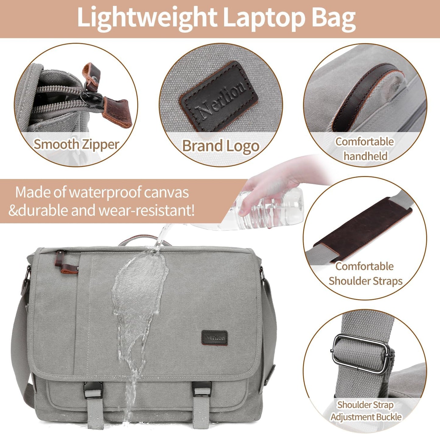 Nerlion Messenger Bag for Men 17-17.3 Inch Laptop Bag Canvas Water-resistant Computer Bag Shoulder Bag Work Briefcase Bookbag for College (Light Gray)