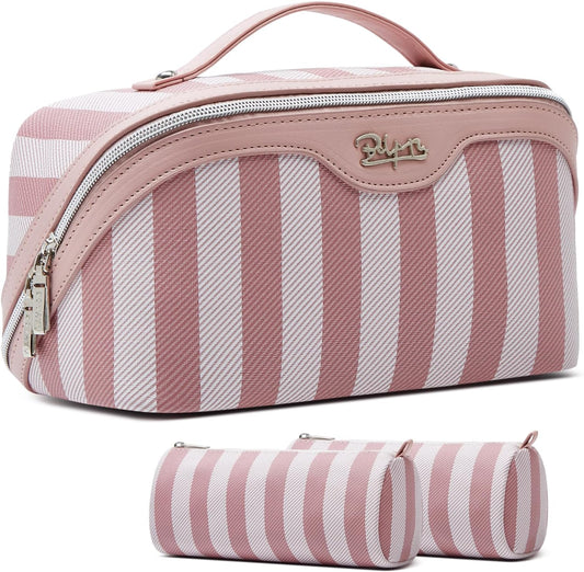 BOYATU Travel Makeup Bag for Women: Large Cosmetic Bag Set of 3 - PU Leather Make up Bag with Compartments - Compact Waterproof Toiletry Bag with Divider & Handle (B-1-Pink)