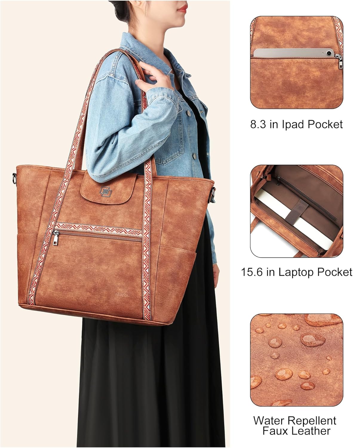FADEON Large Laptop Tote Bag for Women Designer Leather Laptop Bag Fashion Travel Backpack Purse