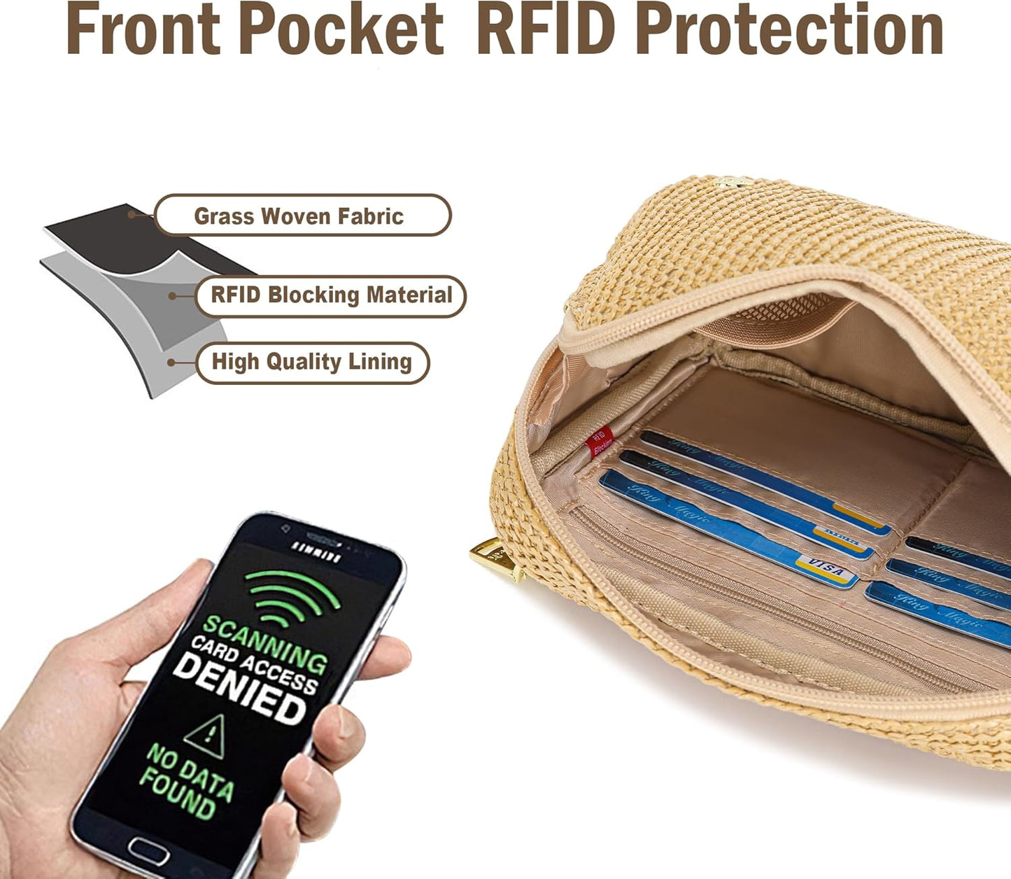 RFID Blocking Straw Summer Purses for Women 2025 Fanny Pack Crossbody Bags Belt Bag with Adjustable Strap(Pure Khaki)