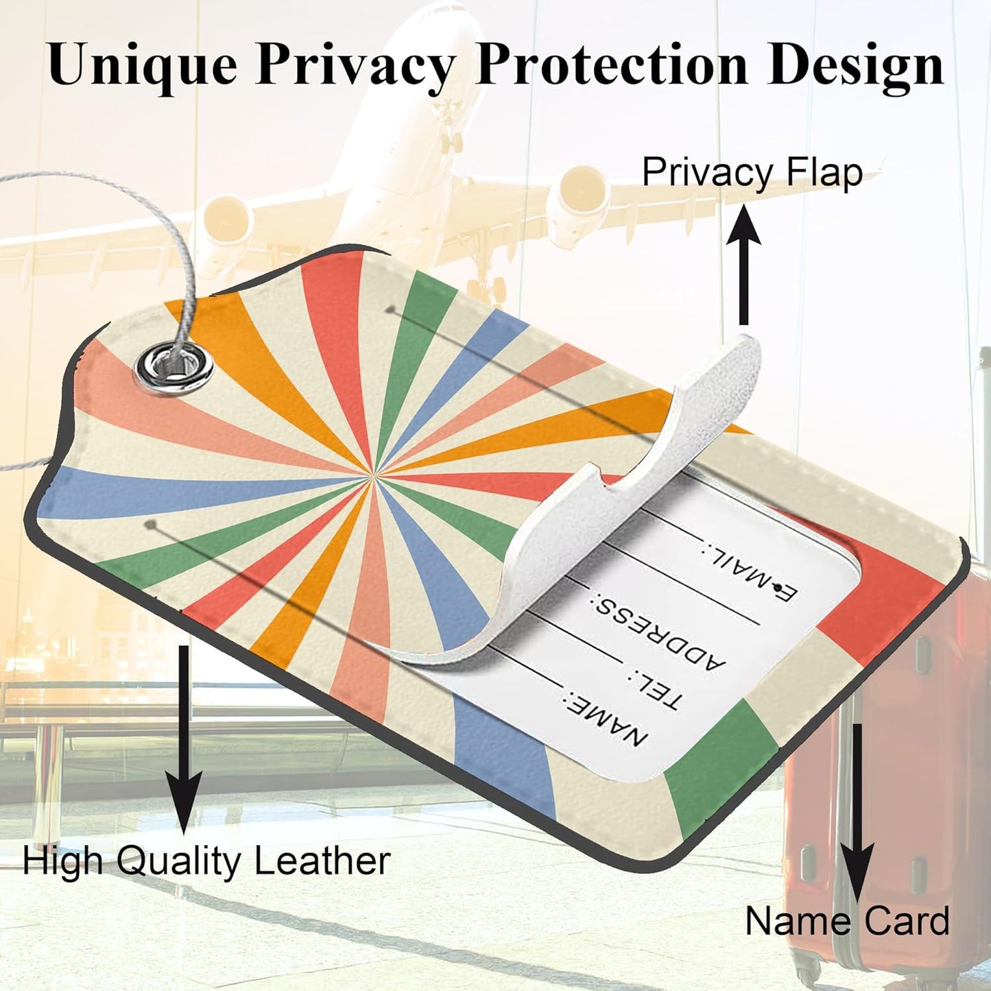 Set of 2 Luggage Tags for Suitcases, Leather Abstract Colorful Twisted Checkered Baggage Tags with Stainless Steel Loop, Privacy Name ID Card Cover Travel Labels for Women Men Kids Girls