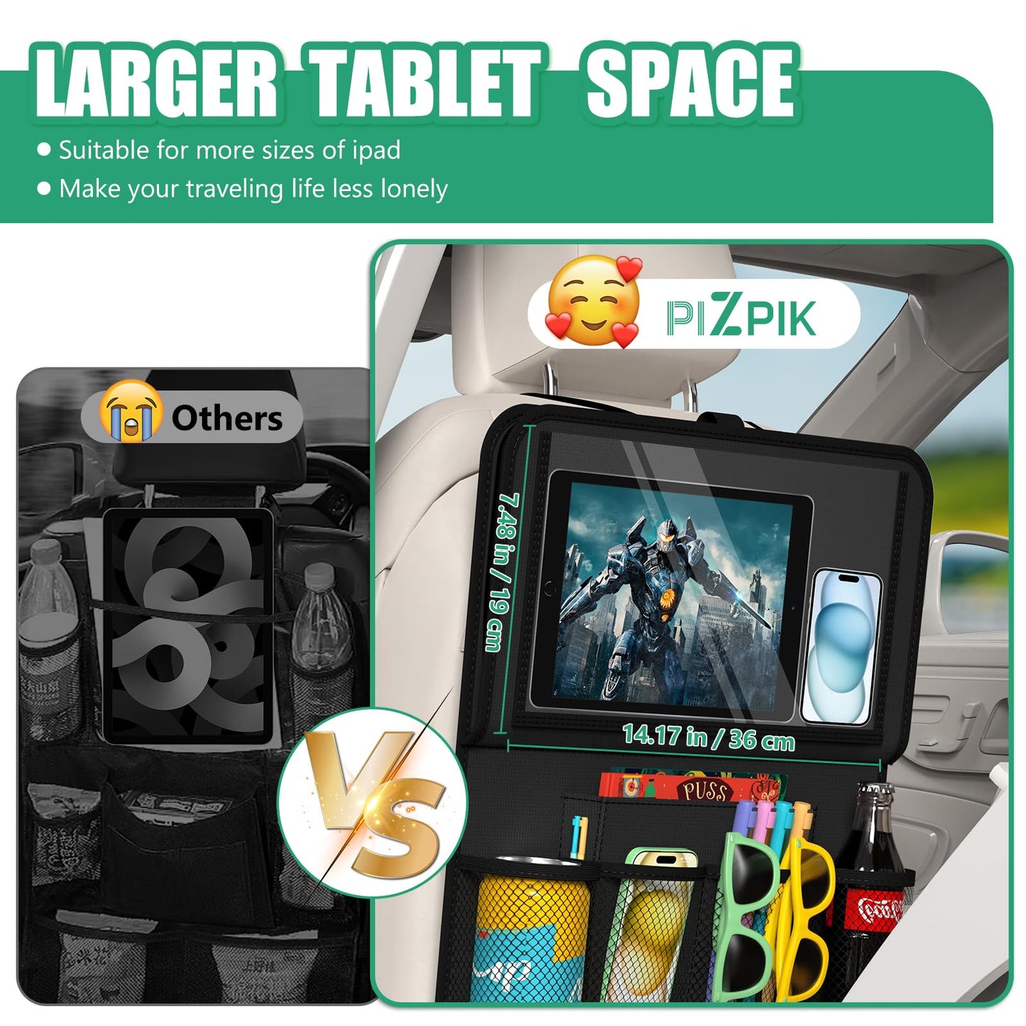 Plzpik Car Backseat Organizer with Tray(1Pack),13Storage Pockets with Foldable Food Tray, Protector