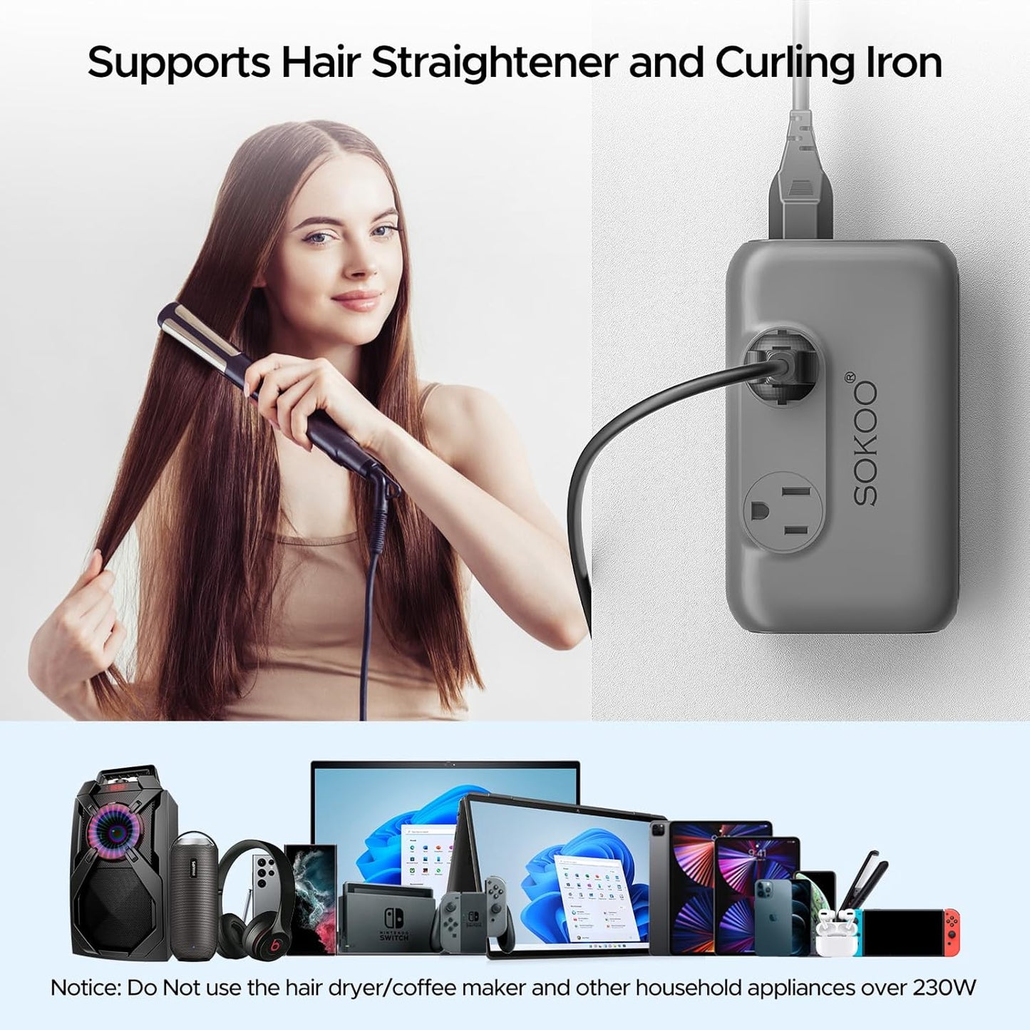 SOKOO 220v to 110v Voltage Converter, International Universal Travel Adapter, 4 USB Ports (1 USB C) Step Down Power Converter Adapter Combo with UK/AU/US/EU Plug Adapter
