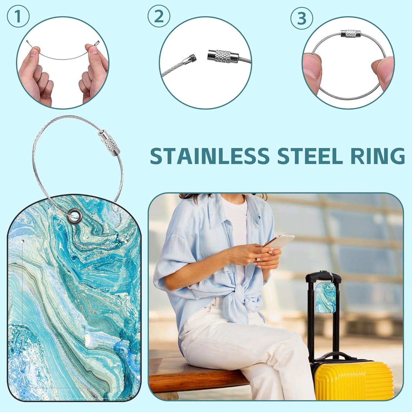 2 Pack Cute Luggage Tag for Suitcases Gold Foiled Marble Leather Luggage Tags with Stainless Steel Loop Privacy Flap Name Tags,Men and Women Travel Bag Suitcase Tags