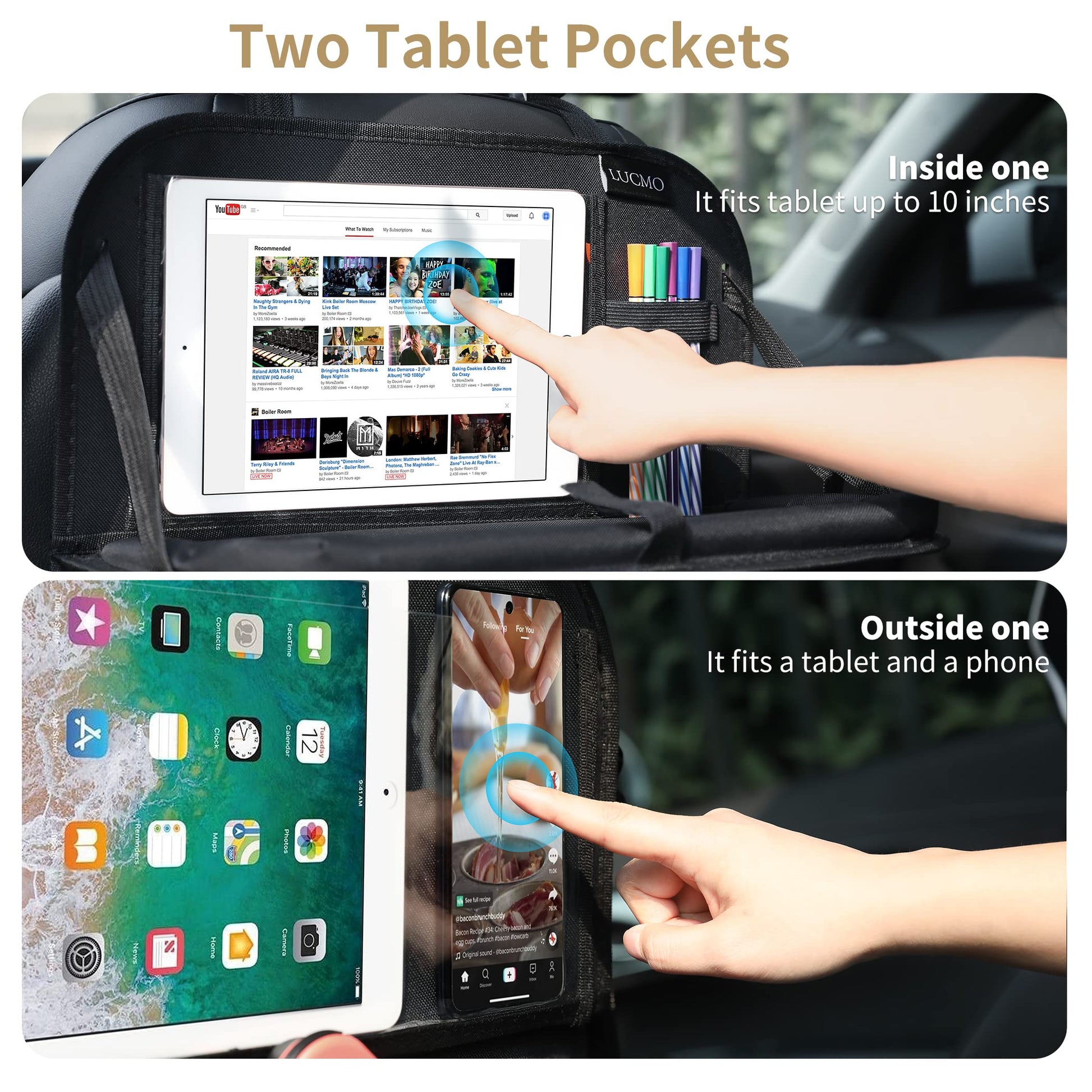 LUCMO Car Backseat Organizer with Foldable Tablet Holder, Black