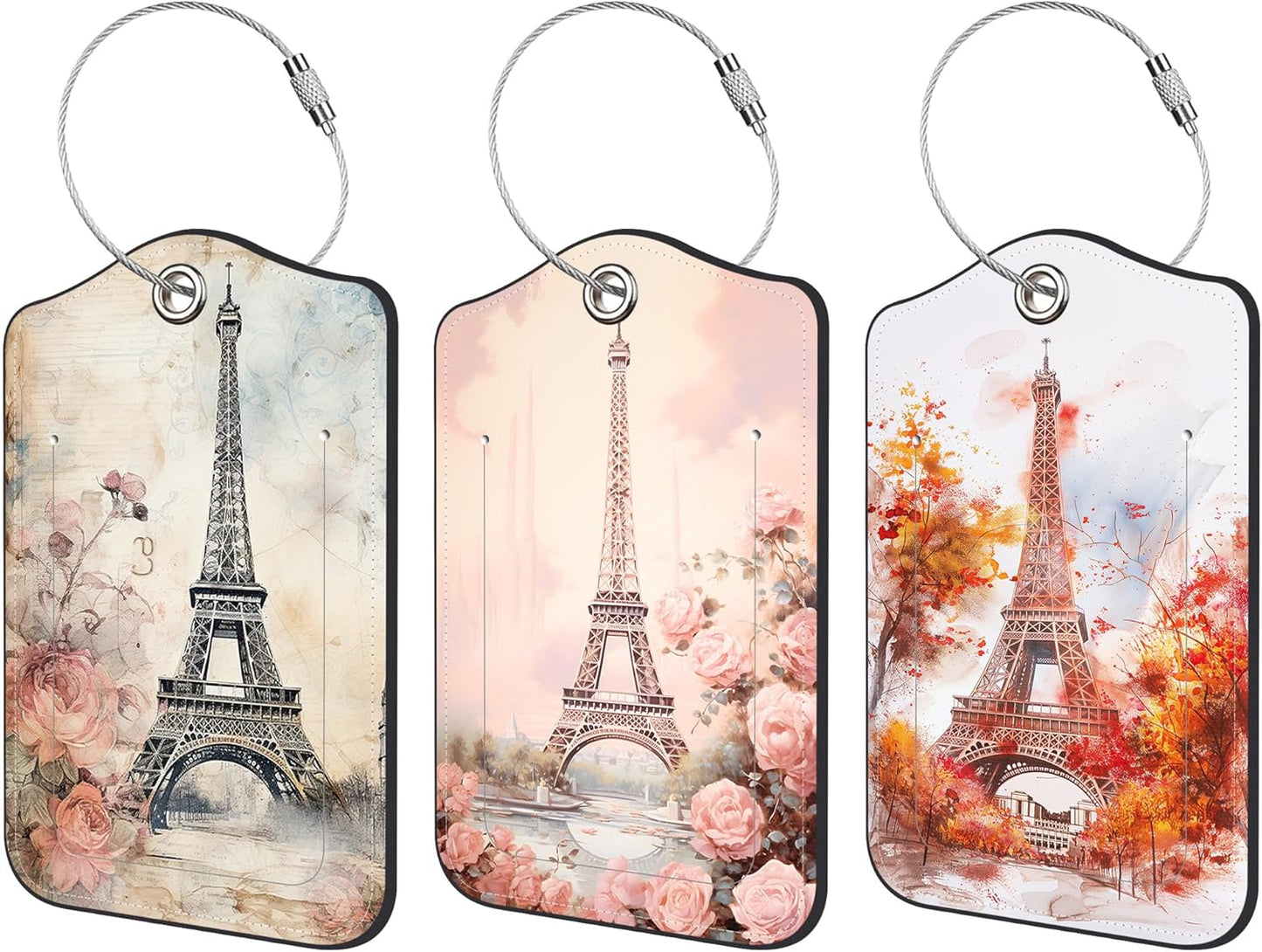 3 Pack Luggage Tag for Suitcase Paris Eiffel Tower Leather Travel Cruise Luggage Tag with Stainless Steel Loop Name ID Label Privacy Cover for Adults Teens Travel Bag Labels Set