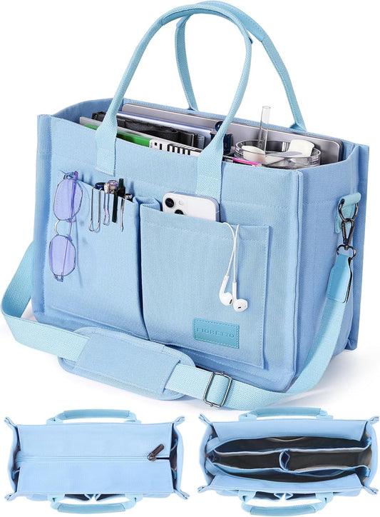 FIORETTO Canvas Tote Bag for Women with Zipper Closure & Individual Compartments for Work College for Teacher & Nurse