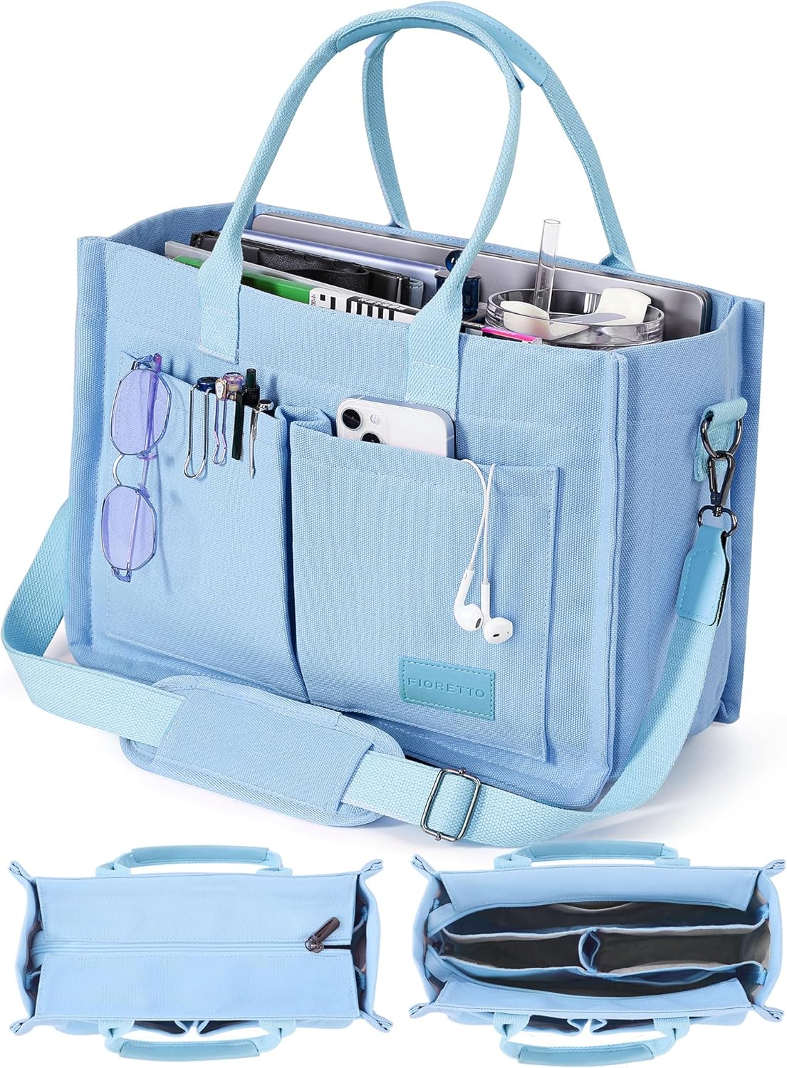 FIORETTO Canvas Tote Bag for Women with Zipper Closure & Individual Compartments for Work College for Teacher & Nurse