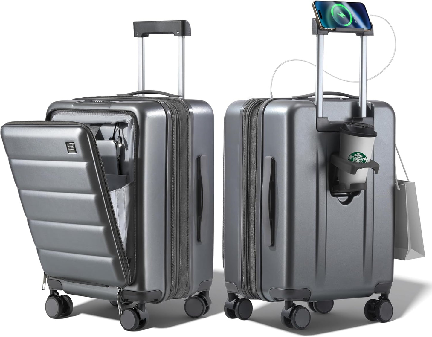 24 Inch Expandable Luggage Check In - Front Pocket Hardside Travel Suitcase Unbreakable -with Cup Holder,USB Charge,Side Pothook, 360°Spinner Wheels, TSA Lock, Grey
