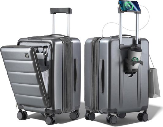 24 Inch Expandable Luggage Check In - Front Pocket Hardside Travel Suitcase Unbreakable -with Cup Holder,USB Charge,Side Pothook, 360°Spinner Wheels, TSA Lock, Grey