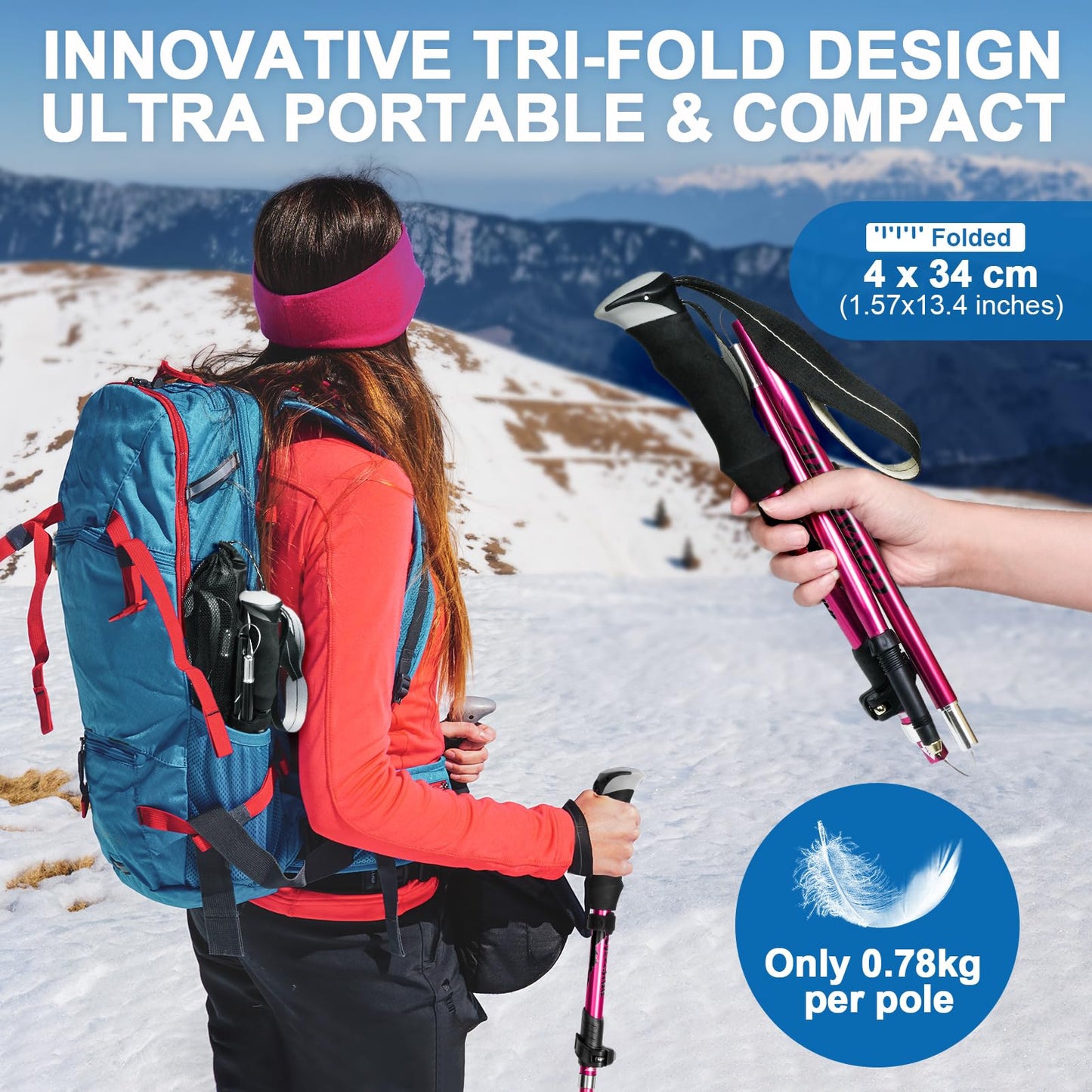 covacure Hiking Poles, 7075 Aluminum Tri-fold, Adjustable Height, 2PCS