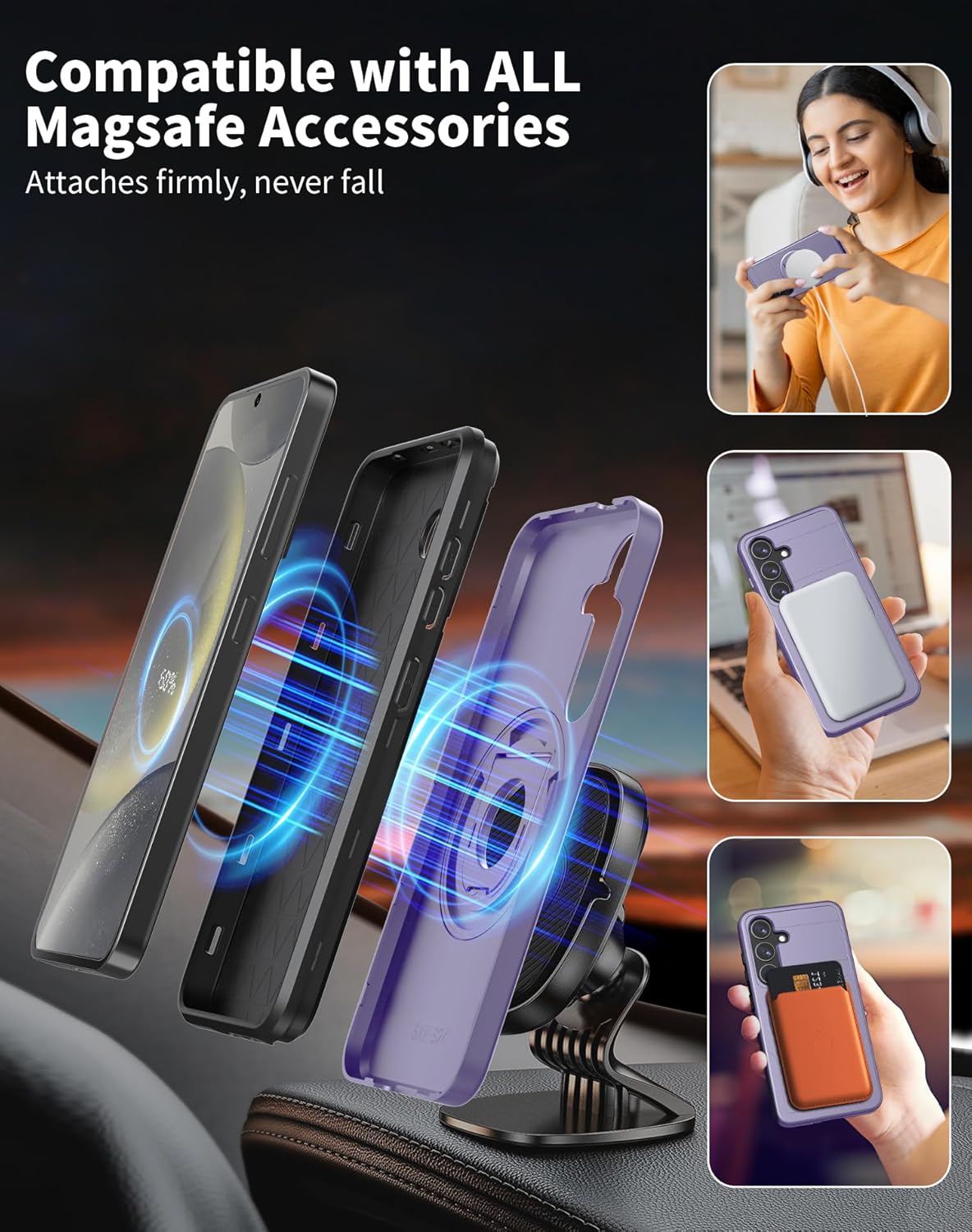 for Samsung Galaxy S24Plus Case Magnetic Compatible with MagSafe Wireless Charging,with Screen Protector,for S24+Plus Case with Stand Ring Anti-Scratch Shockproof Heavy Duty Protection Purple