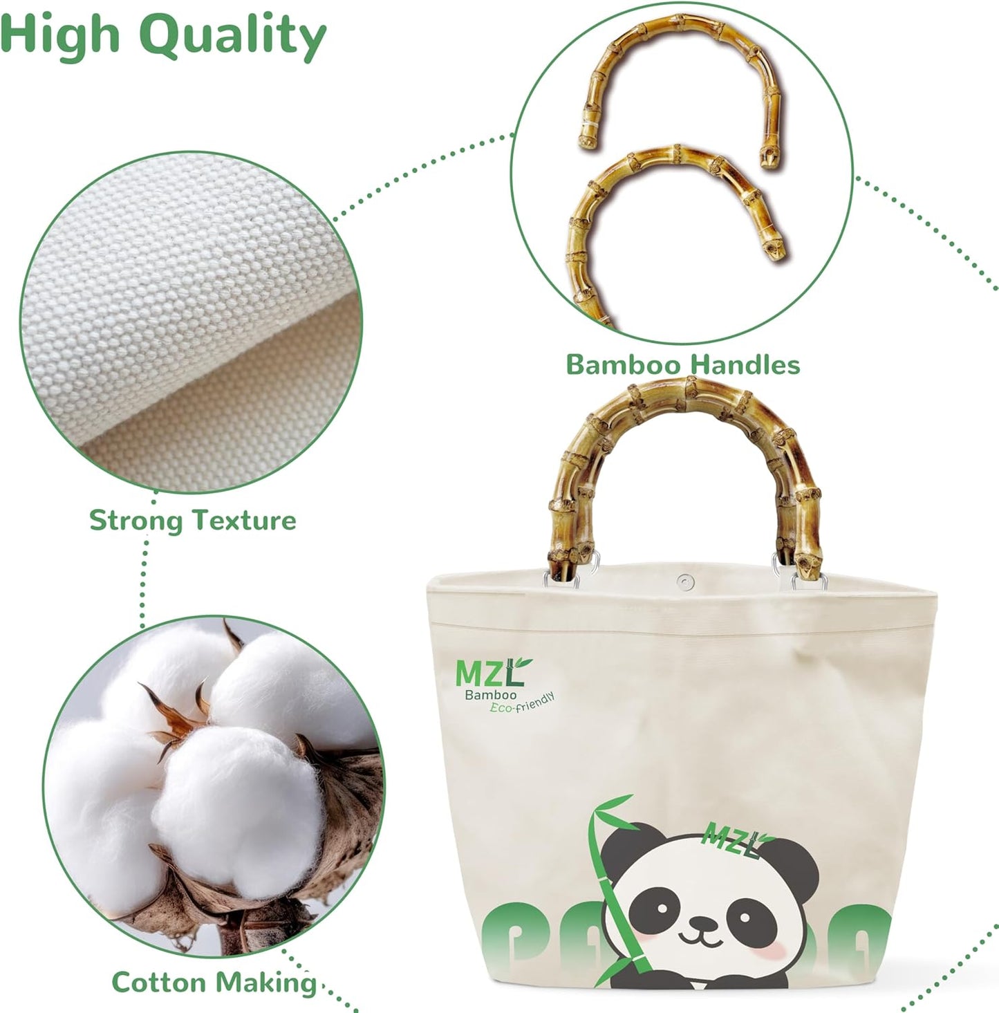 MZLBAMBOO-Tote Bag For Women, Tote Purse And Shoulder Bag, Capacity Eco-Friendly Canvas Bags, Bamboo Handle, Panda Print