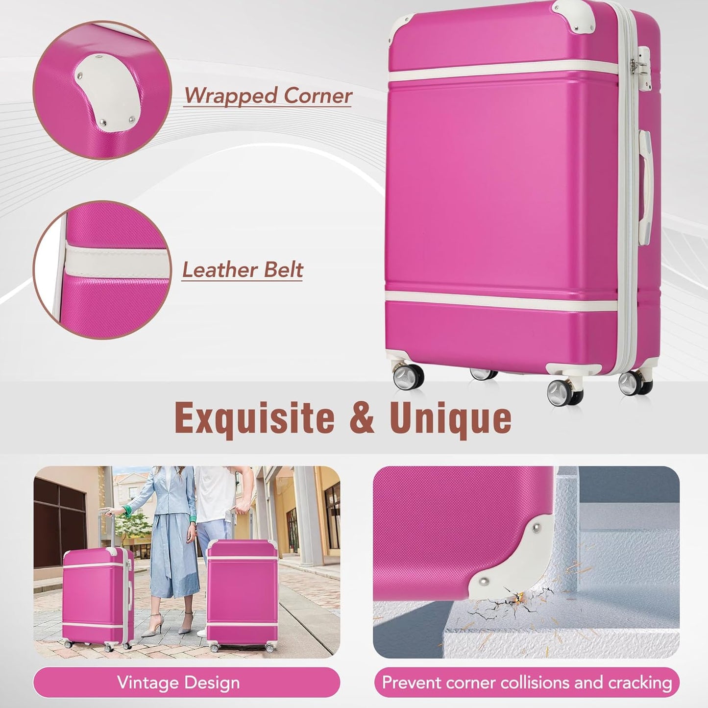 Merax Luggage Set 3 Piece Suitcase Set with Cosmetic Case Expandable Spinner Wheels Vintage Luggage Sets(Pink,20"+24"+28")
