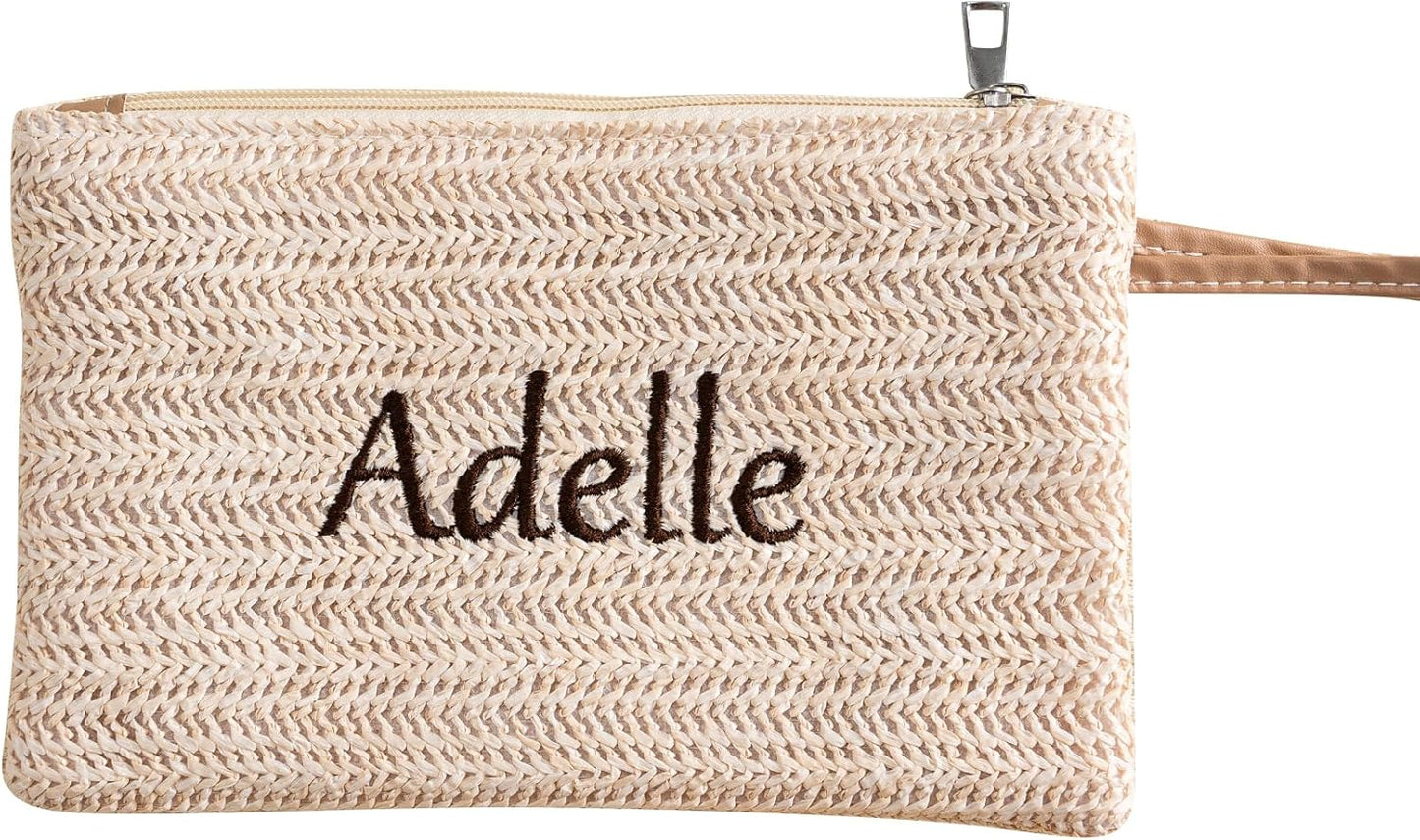 Personalised Straw Clutch Purse, Personalised Embroidered Cosmetic Bag, Handwoven Straw Cosmetic Bag with Leather Trim, Bridesmaid Gift