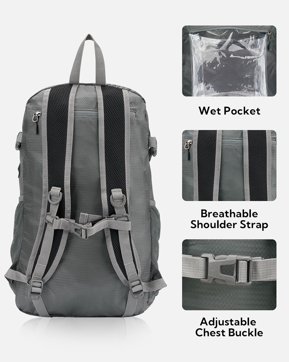 WATERFLY Lightweight Packable Hiking Backpack: 30L Foldable Travel Daypack Ultralight Camping Day Pack for Woman Man Grey