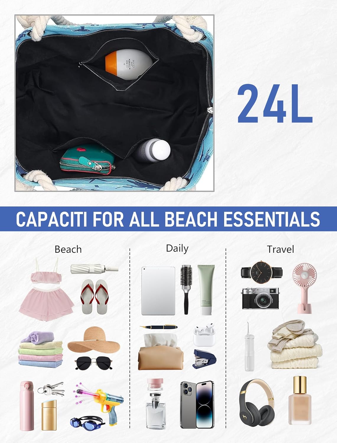 TESALATE Large Canvas Beach Tote Bag with Zipper Waterproof for Women Swim Travel Swim Pool Shopping Cruise Essentials Gifts