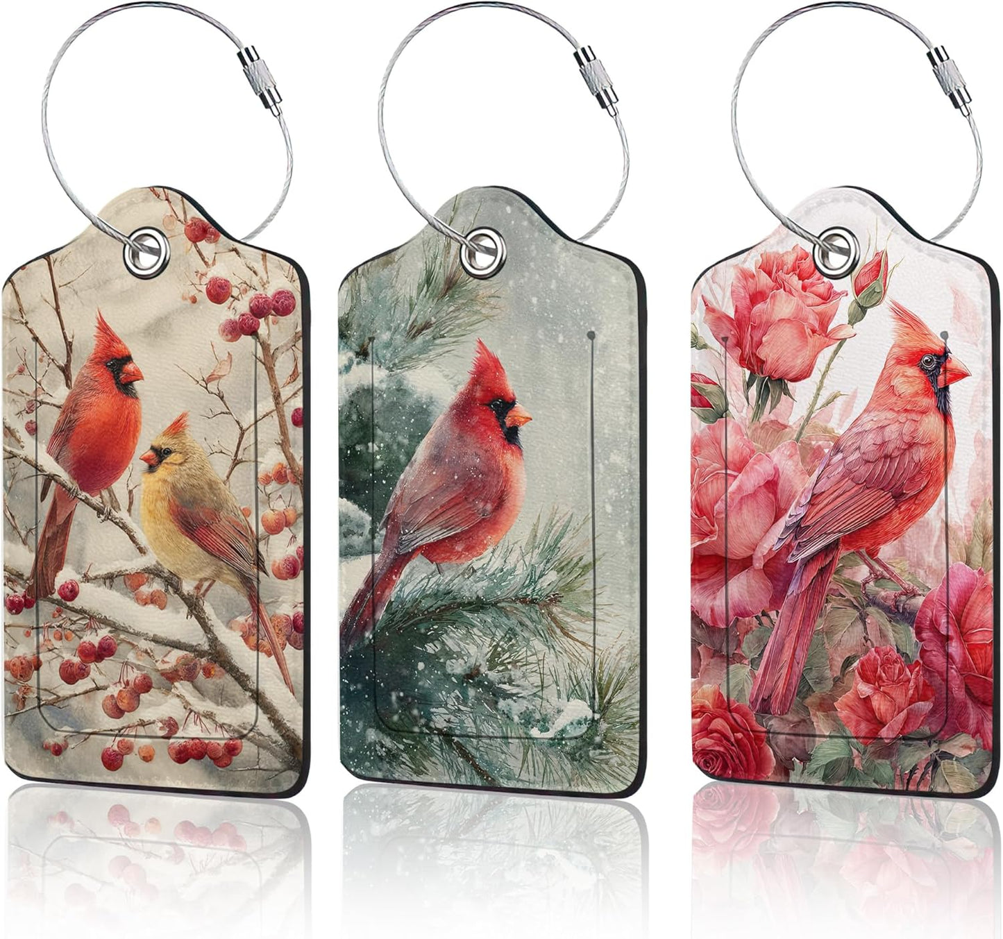 3 Pack PU Red Cardinal Birds Leahter Luggage Tag with Stainless Steel Loop,Travel Suitcase Labels with Privacy Cover ID Label Quickly Spot for Bags