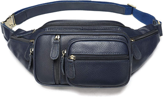 Genuine Leather Fanny Pack large capacity Crossbody Waist Bag with Zipper phone Pockets dark blue