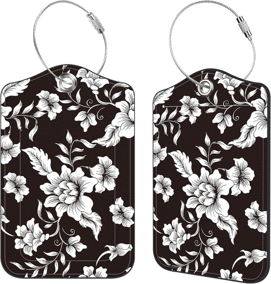 2 Pcs Luggage Tags for Suitcases, Black Flowers Leather Bag Tags for Luggage Privacy Cover Name ID Label with Stainless Steel Loop Cruise Airport Travel Essentials