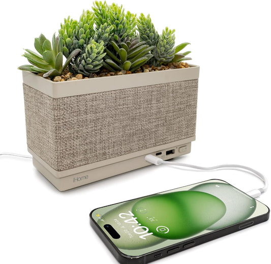 iHome PowerPlant Charging Station with Bluetooth Speaker, Faux Succulent with USB Charging Station for iPhone, Android, and More (iPP60)