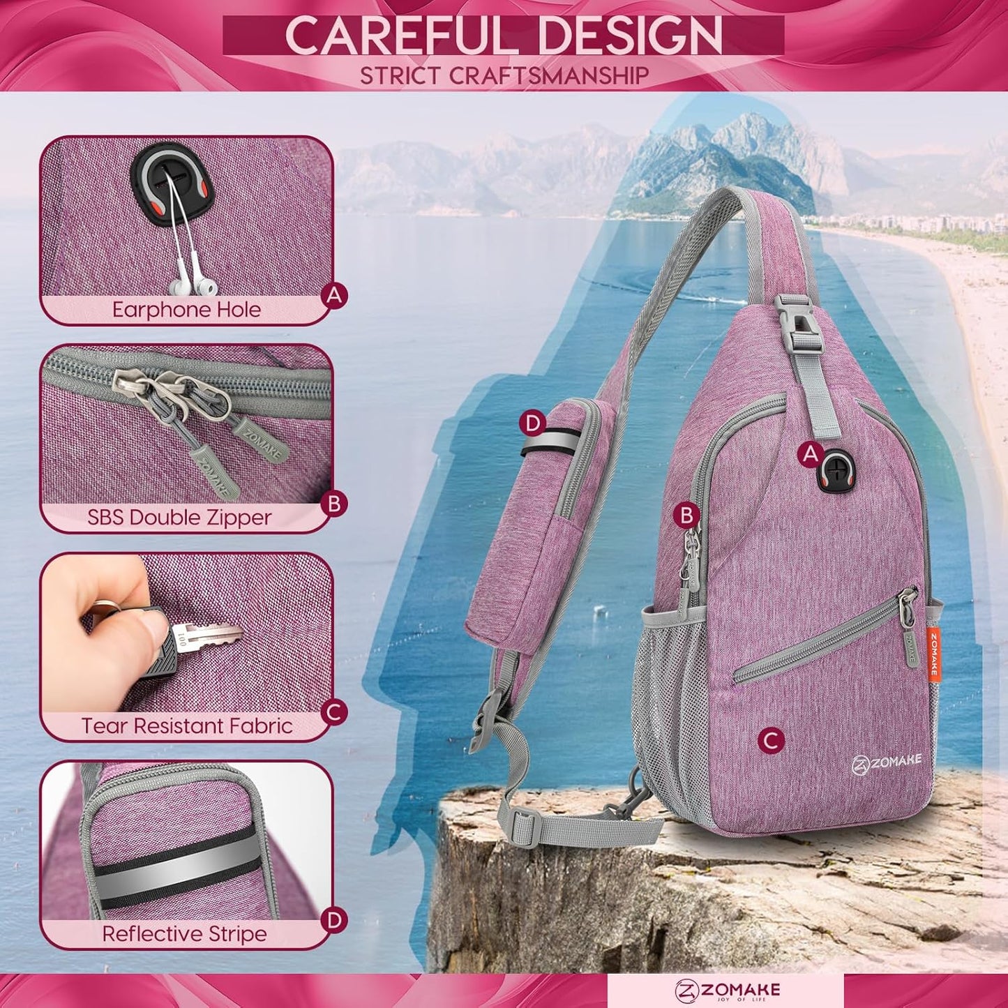 ZOMAKE Sling Bag,Small Crossbody Sling Backpack,Water Resistant Shoulder Daypack for Travel,Anti Thief Chest Bag for Hiking(Light Purple)