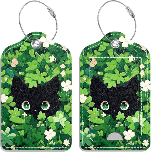 Luggage Tags for Suitcase, 2 Pack PU Leather Travel Cruise Luggage Tag with Privacy Flap, Name ID Label and Metal Loop for Women Men Girls Suitcase Baggage Bag Backpack, Cute Cat Green