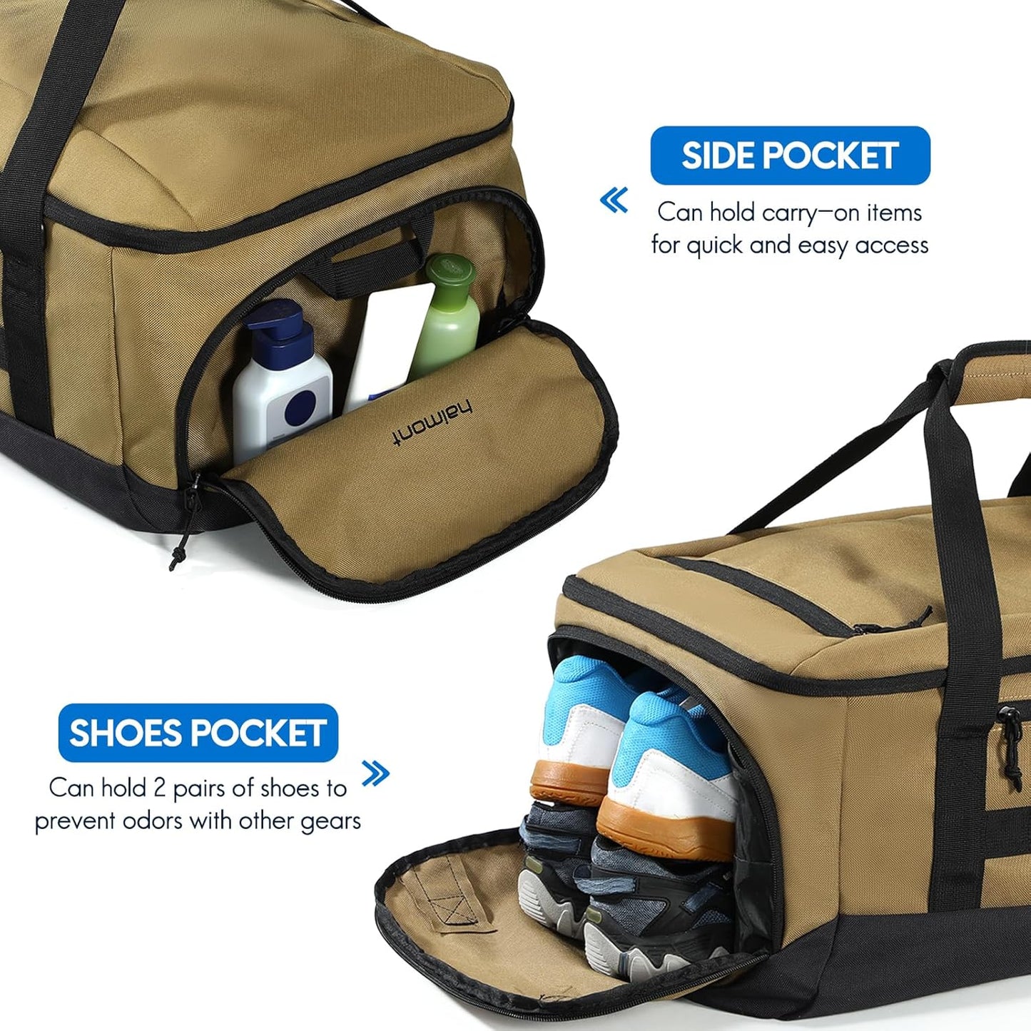 Haimont Large Collapsible Duffle Bag Backpack for Travel, Water-Resistant 60L Weekender Bag with Shoe Pocket, Men & Women, Sports, Traveling, Camping, Outdoor, Brown