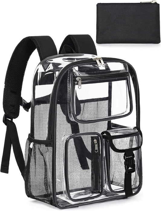 Heavy Duty Clear Backpack For School, 17 Inch Clear Bookbag For Kids Boys Girls Women Men, Large See Through Backpack With An Extra Pouch Accessories, Tranparent Bag, College Sport Work, Black