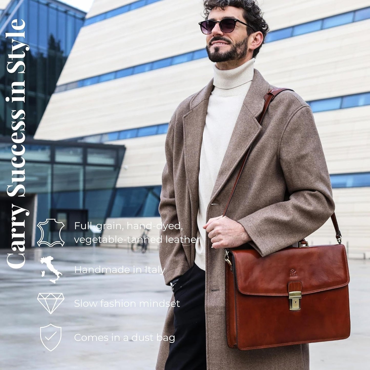 Time Resistance Leather Briefcase - Italian Handmade Leather Laptop Bag - Handbag for Men