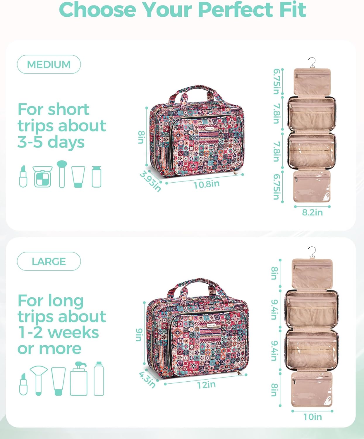Travel Hanging Toiletry Bag for Women, 12'' x 4.3'' x 9'' Makeup Bag Cosmetic Organizer Waterproof with Hanging Hook Multiple Pockets for Women Travel Essentials Bohemia
