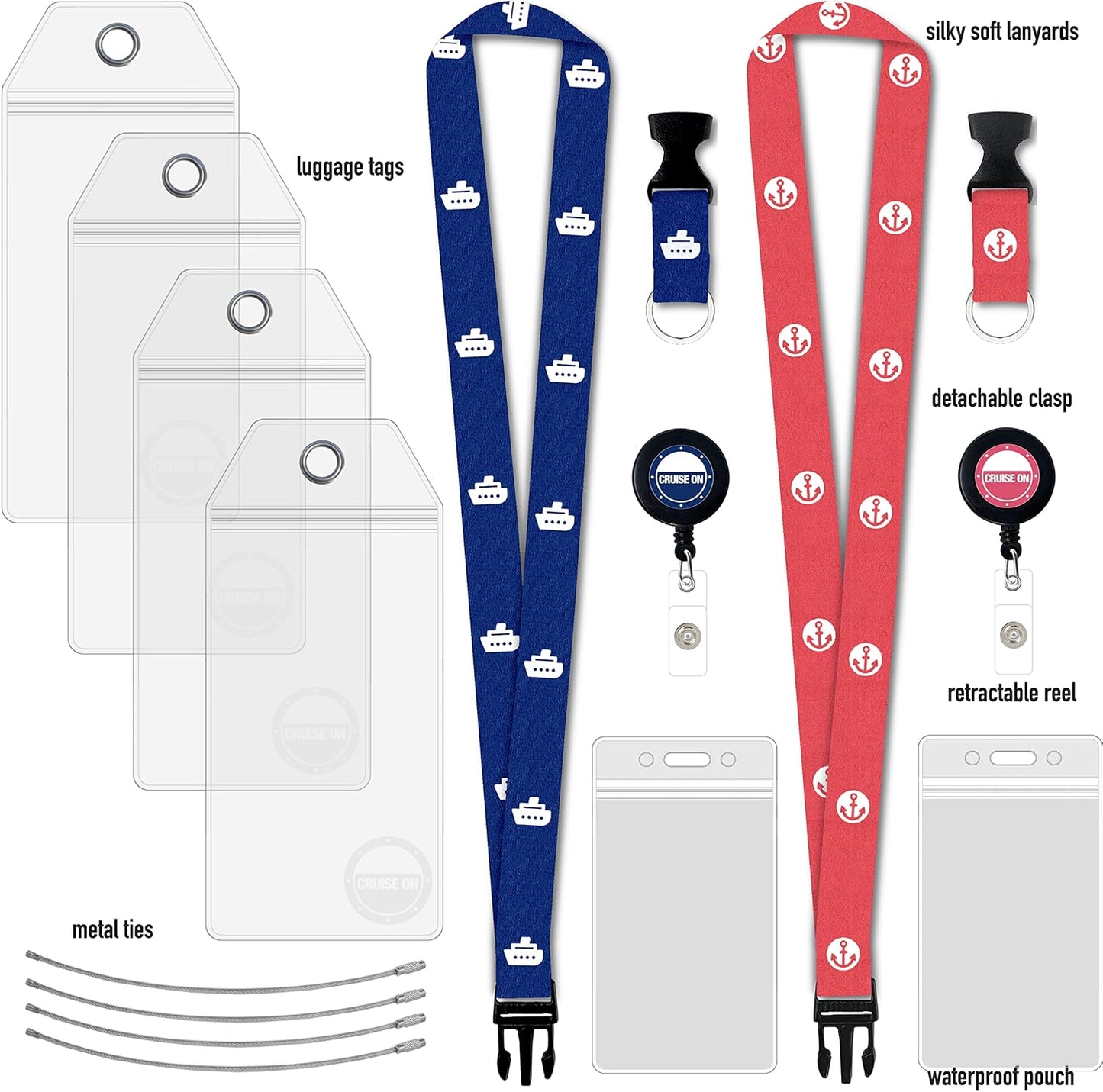 Carnival Cruise Luggage Tag Holders (4 Pack) & Lanyards (2 Pack), Large, Clear & Waterproof, Cruise Essentials 2025-2026 for Ship Cards & Baggage – Durable Travel Accessories (Blue & Pink)