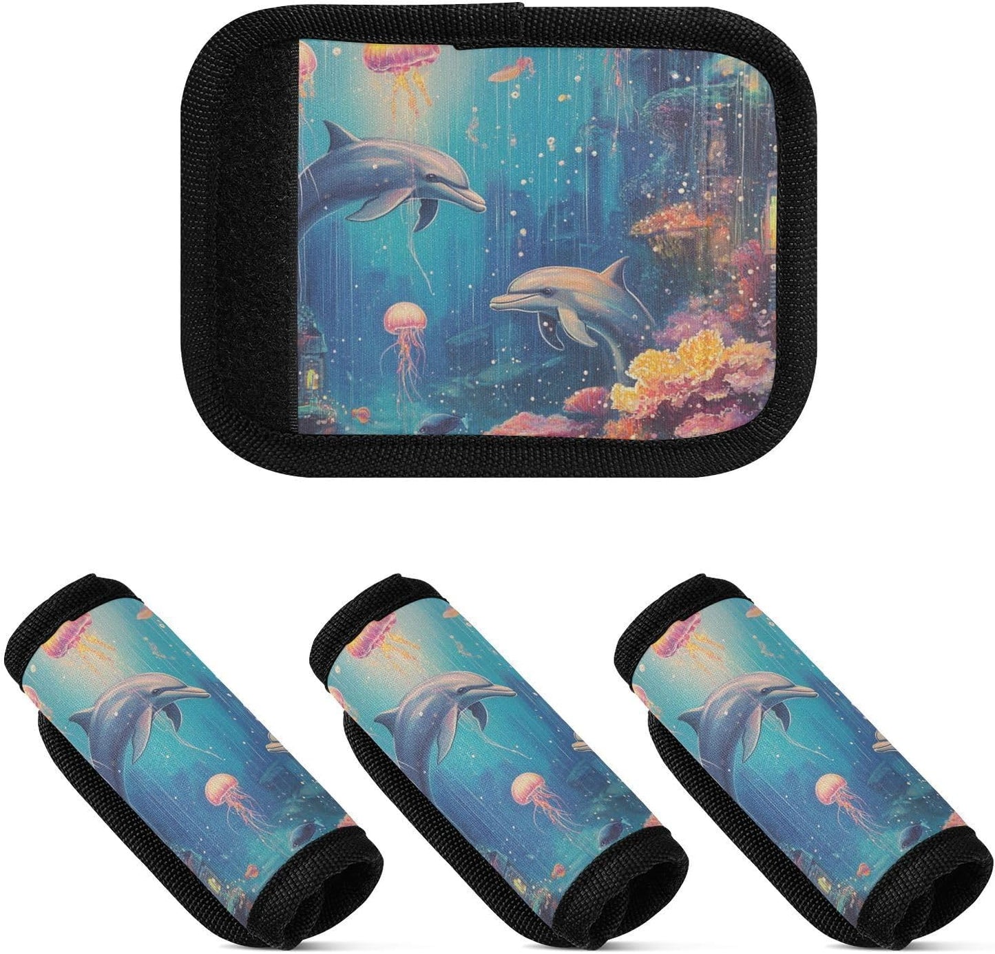 Underwater Corals Jellyfish Dolphins 4 Pack Luggage Handle Wraps Covers for Suitcase Identifiers Bag Tags Travel Accessories