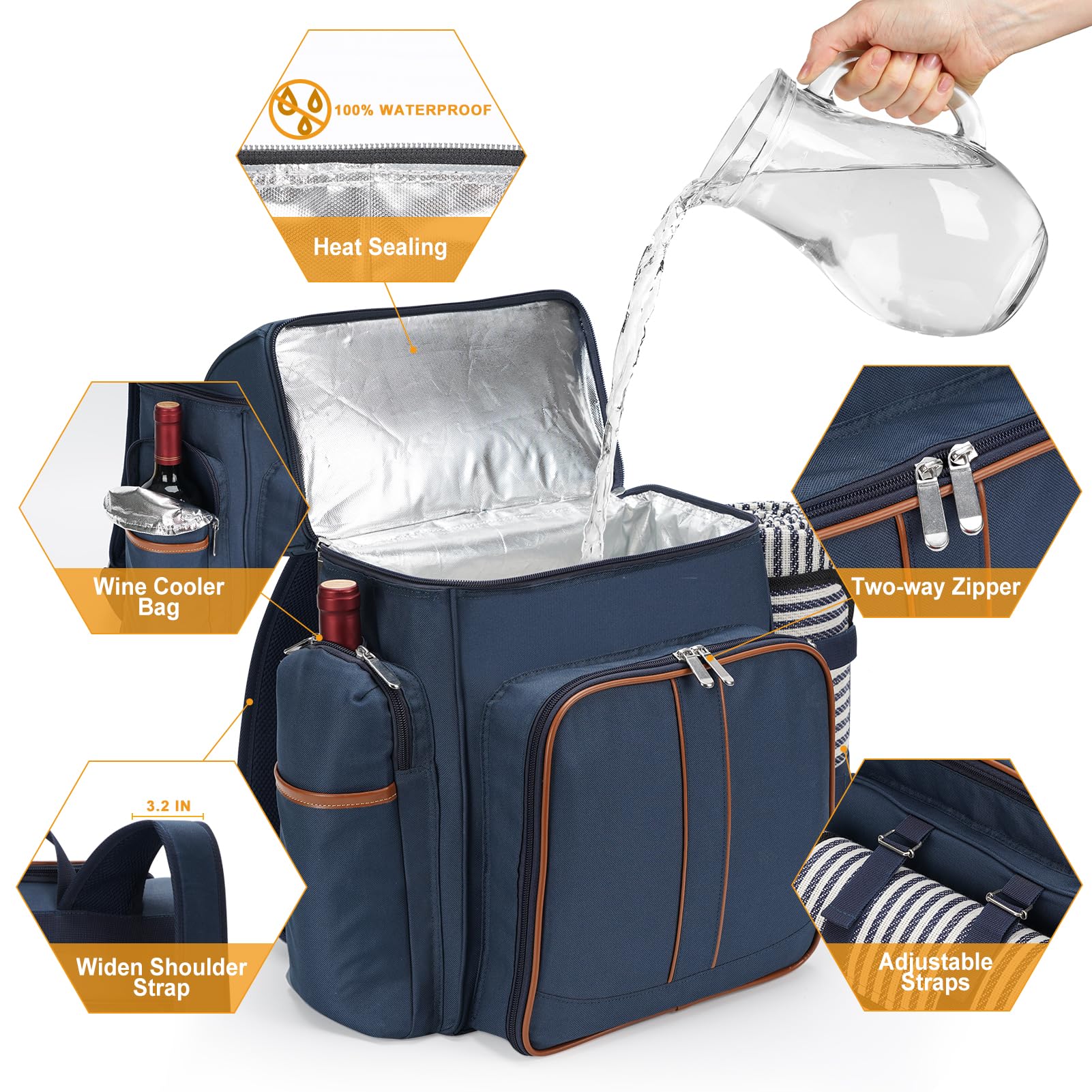 Picnic Backpack for 4, Insulated Cooler Bag with Blanket, Navy Blue