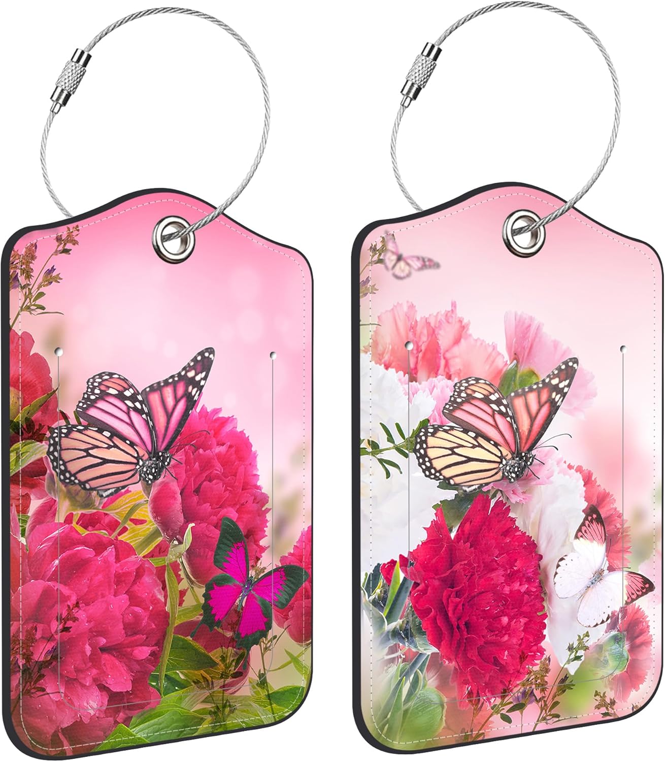 2 Pack Luggage Tags for suitcases Butterfly and Flower Leather Luggage Tag, Identifiers with Privacy Name ID Label and Metal Loop for Men Women Travel Bag Suitcase
