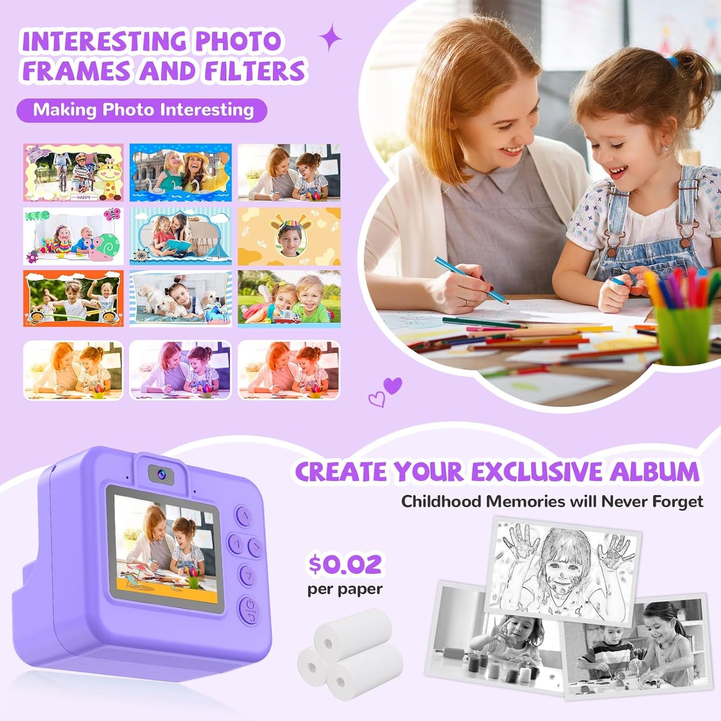 Instant Print Camera for Kids - Christmas Birthday Girls Gifts for Age 3 4 5 6 7 8 9 10 Year Old, 2.4 Inch Screen Kids Instant Camera, Toddler Camera Toys for Age 3-12 with 32 GB SD Card