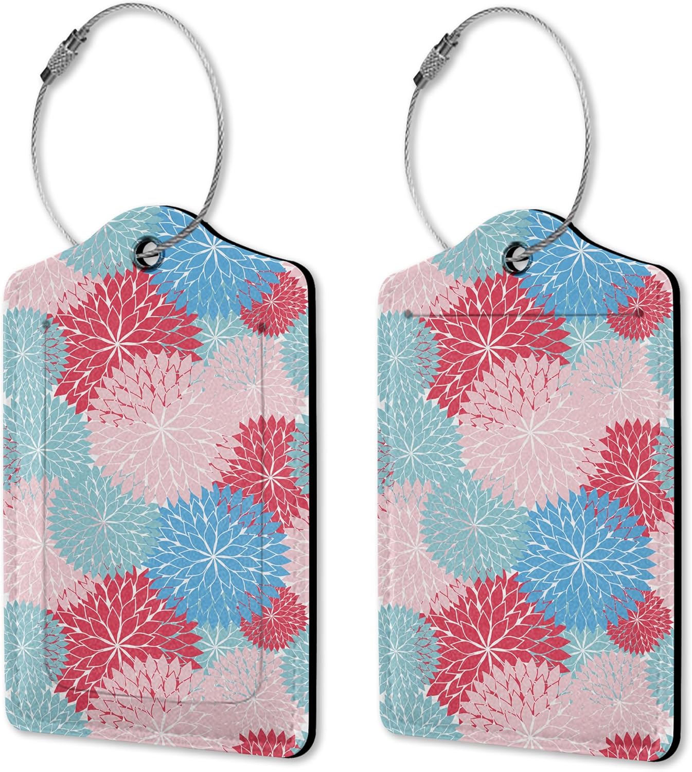 Luggage Tags for Suitcase, 2 Pack Blue Pink Flower Luggage Tag Leather Travel Cruise Bright Floral Luggage Tag with Privacy Flap, Name ID Label and Metal Loop for Women Men Girls Suitcase Baggage