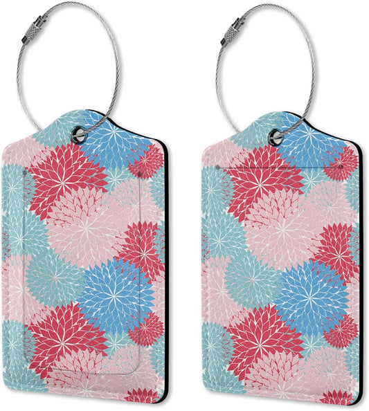 Luggage Tags for Suitcase, 2 Pack Blue Pink Flower Luggage Tag Leather Travel Cruise Bright Floral Luggage Tag with Privacy Flap, Name ID Label and Metal Loop for Women Men Girls Suitcase Baggage