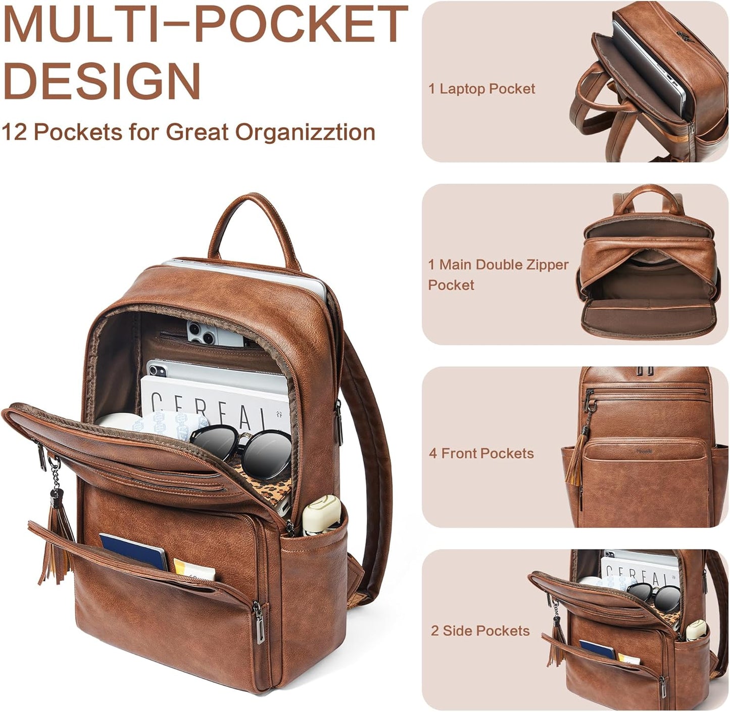 Leather Laptop Backpack for Women,Leather Backpack with Laptop Compartment Fit 15.6 inch Laptops,Carry-on Travel Backpacks,Casual Daypack for Work Business Weekender College,Brown