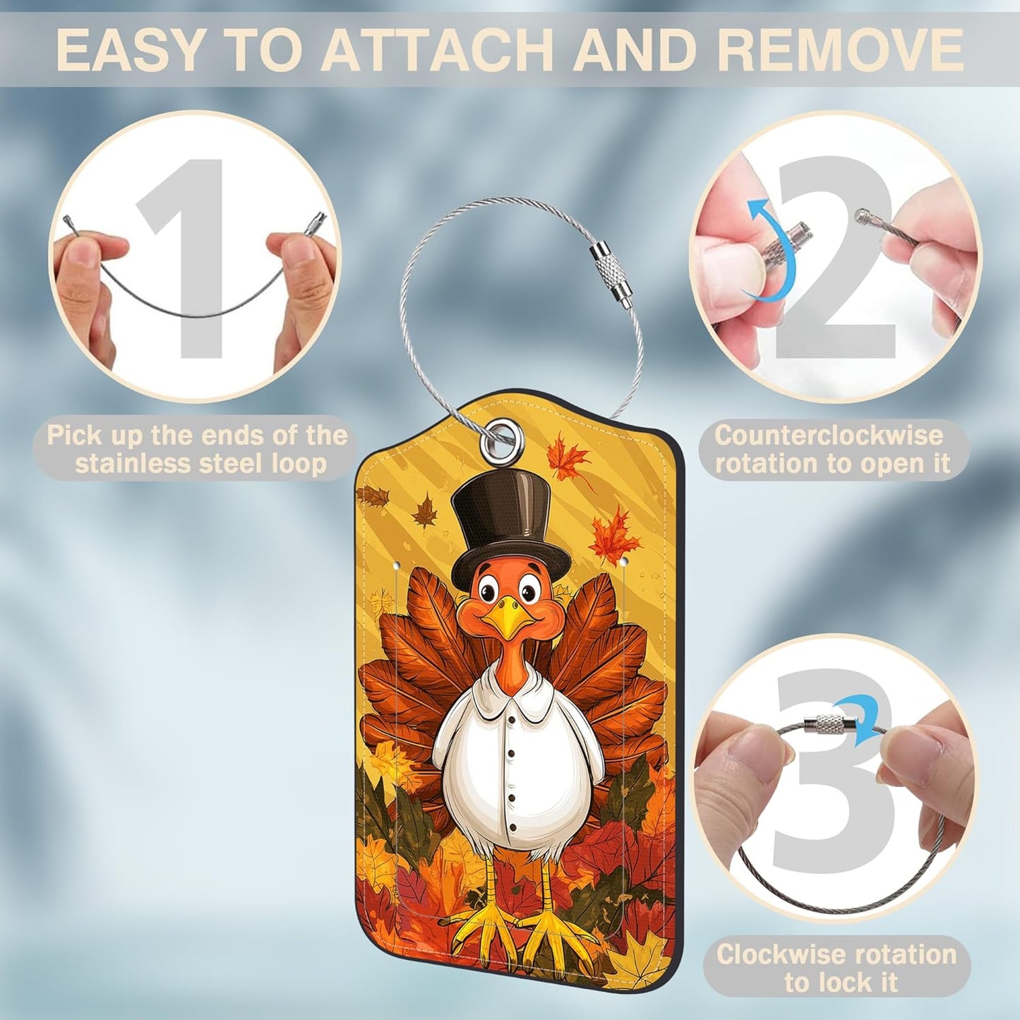 2 Pcs Autumn Turkey Luggage Tags for Suitcases PU Leather Baggage Tags Name ID Label with Privacy