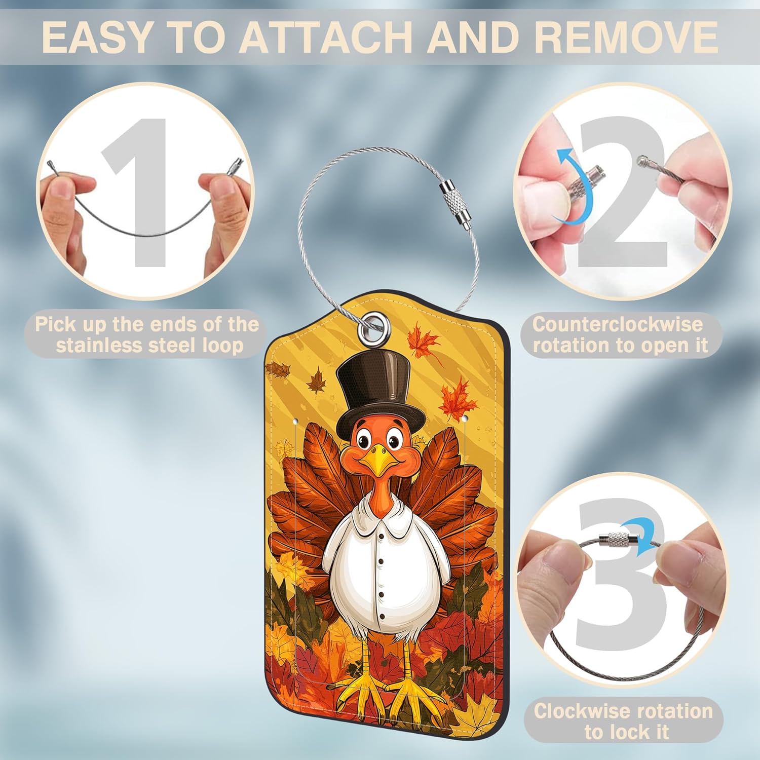 2 Pcs Autumn Turkey Luggage Tags for Suitcases PU Leather Baggage Tags Name ID Label with Privacy