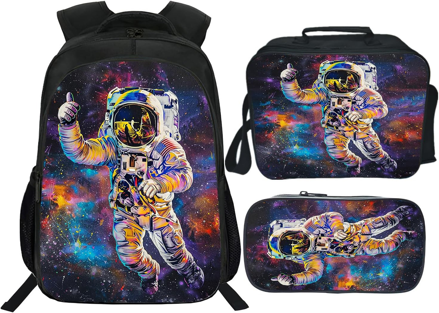 Klymax Astronaut Backpack Space Galaxy Schoolbag with Lunch Box Bag Pencil Bag 3pcs Bookbag Sets for Boys Girls