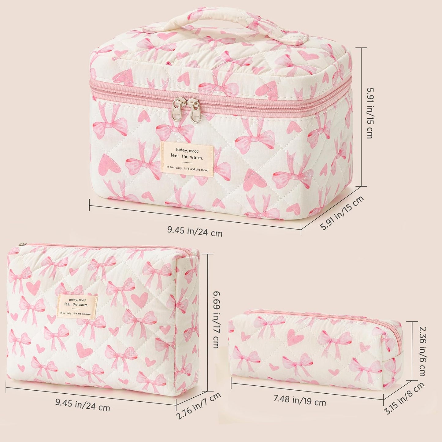 HBselect Quilted Makeup Bag, 3PCS Cotton Large Travel Makeup Bag, Cute Floral Coquette Make up Bag Cosmetic Bag Toiletry Bag for Women Girls